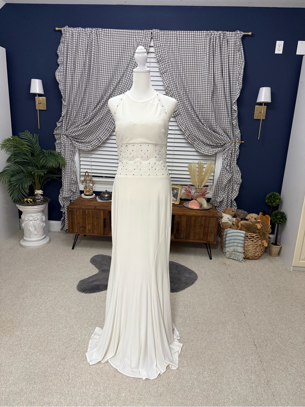 White LM Collection Sleeveless Evening Gown with Beaded Mesh Waist